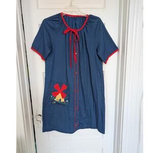 Vintage House Dress Blue Polka Dot with Windmill Embroidery Cottage Size Large